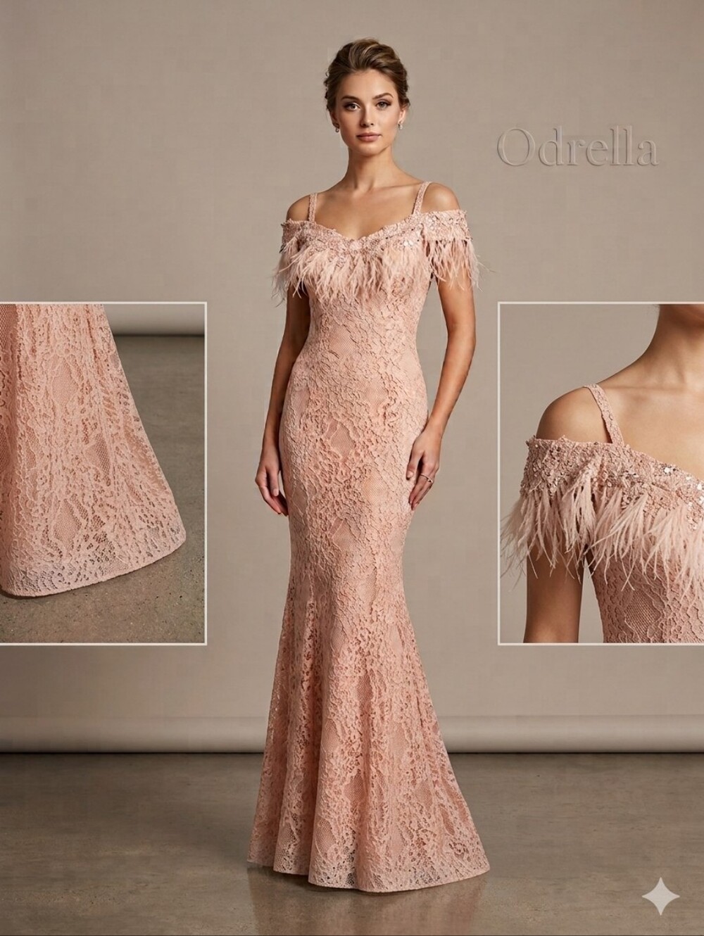 Size 10 Odrella 5860 Powder Champagne Lace Mermaid Gown Beaded Feather Trim NWT